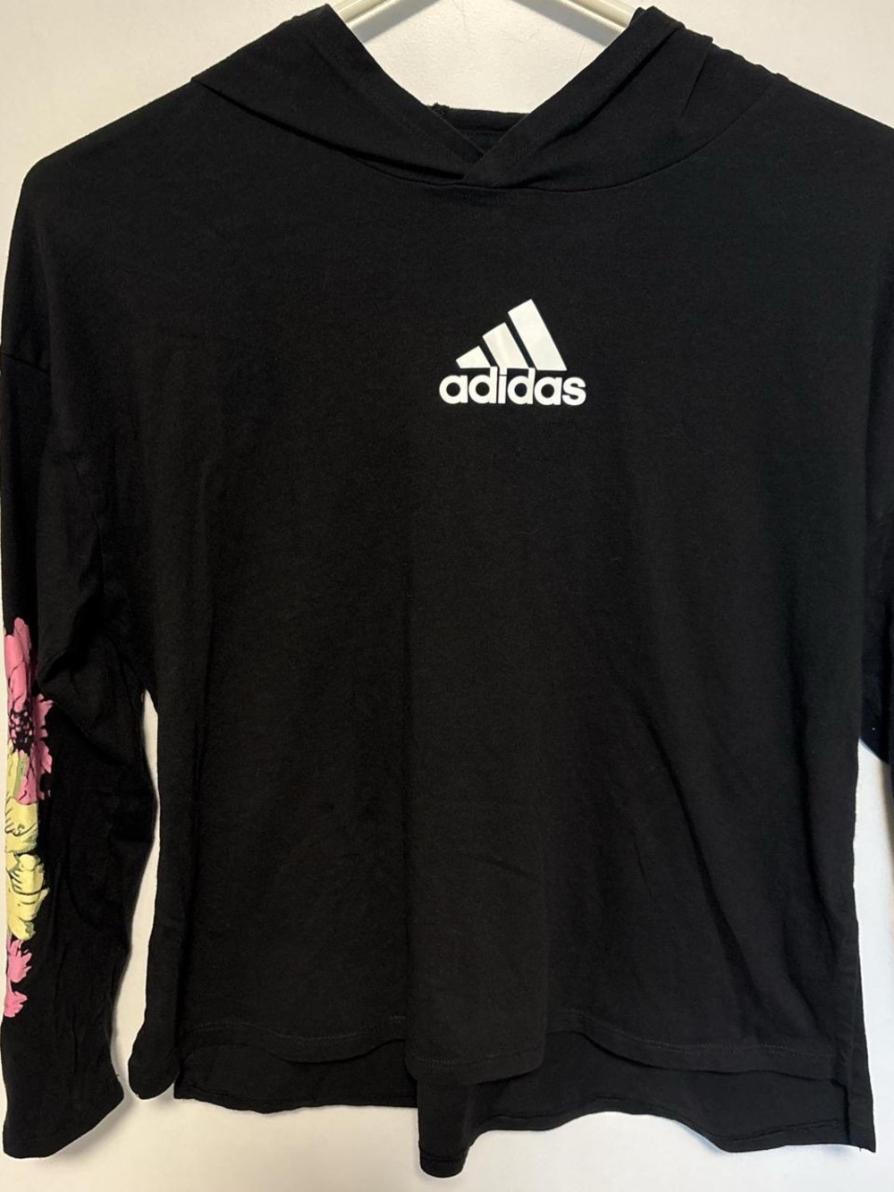 Y2K Adidas Floral Sleeve Hooded Activewear Top Youth XL 16 Black Athleisure